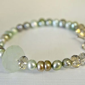Pale Sea Foam Green Natural Chalcedony Bracelet With Dark and Light