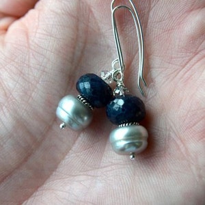 Blue Earrings Sapphire Earrings Grey Pearl Earrings Precious Gemstone Earrings Sterling Silver Ready to Ship image 2