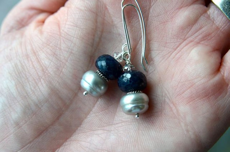 Blue Earrings Sapphire Earrings Grey Pearl Earrings Precious Gemstone Earrings Sterling Silver Ready to Ship image 2