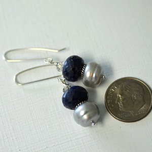 Blue Earrings Sapphire Earrings Grey Pearl Earrings Precious Gemstone Earrings Sterling Silver Ready to Ship image 3