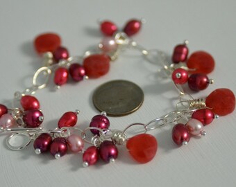 Ruby Jade Heart Bracelet with Blush, Scarlet, Wine and Fruit Punch Freshwater Pearls with all Sterling Silver Metals . Handmade in Maine