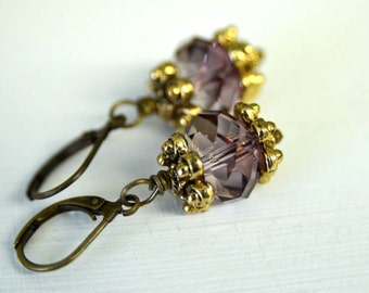 Pink Crystal Dangle Earrings with Antiqued Brass Lever Back Ear Wires Handmade in Maine