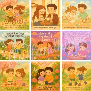 Clipart schattig stel activiteiten – 9 schattige romantische illustraties, afdrukbare verjaardagssticker, afdrukbare digitale kunst, instant download, png