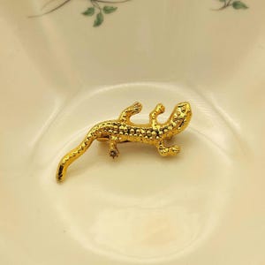 May include: A gold-toned metal brooch shaped like a lizard. The lizard figure features a textured, bumpy surface across its body, head, and long tail, with four distinct legs positioned as if it is crawling. The metal has a polished, reflective finish.
