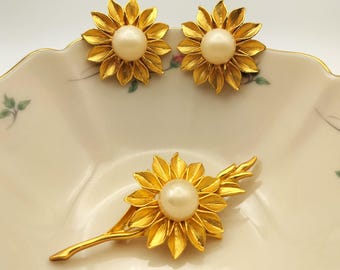 Vintage Sonnenblume Schmuck Set – Brosche & Ohrclips, Gold Floral Set