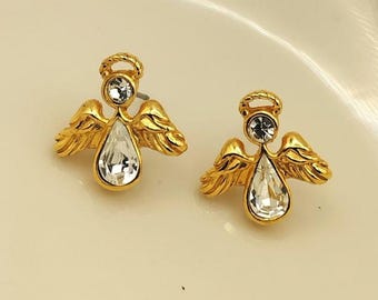 Vintage Avon Angel Earrings – Gold Tone, Clear Teardrop