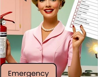 Könnte beinhalten: Eine Frau in rosa Kleidung hält einen Feuerlöscher und eine Checkliste. Das Bild enthält den Text „Weil die Welt chaotisch ist, aber du musst es nicht sein“ und „Emergency Adulting Toolkit End Times Edition“.