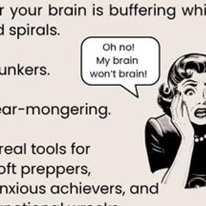 K&ouml;nnte beinhalten: Eine Illustration im Retro-Stil zeigt eine besorgte Frau mit einer Sprechblase, die sagt: "Oh no! My brain won't brain!". Das Bild enth&auml;lt Text &uuml;ber Werkzeuge f&uuml;r "soft preppers" und "anxious achievers".