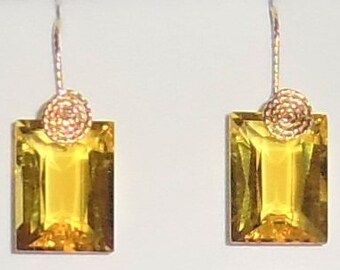 25 cts Natural Octagon cut Yellow Quartz gemstones, 14kt yellow gold Pierced Earrings