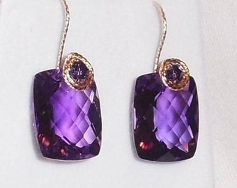 Purple Amethyst Earrings Natural 29cts Cushion Checkerboard cut Purple Amethyst gemstones, 14kt yellow gold Pierced Earrings