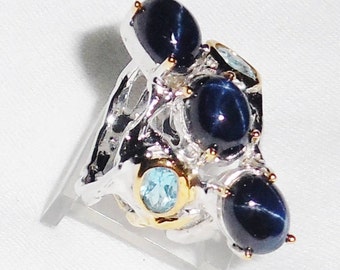 62 TCW Natural Deep Blue Star Sapphire gemstones, 14kt White, Yellow Gold, Silver Ring Size 7 1/2