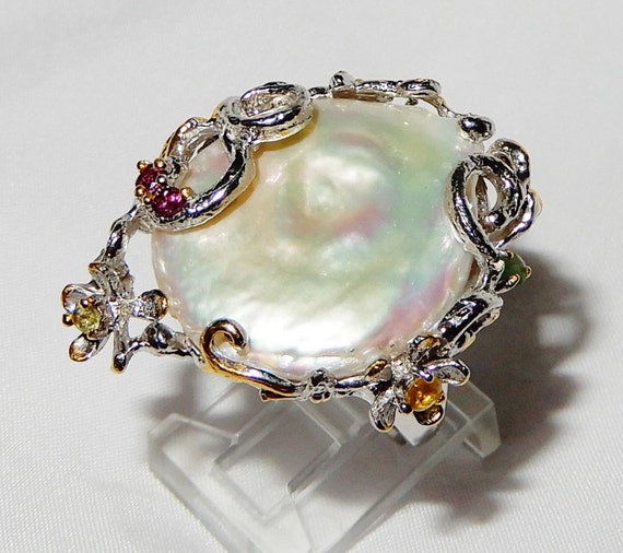 24mm Baroque White Pearl Ring SZ 8 1/4 Natural Em… - image 4