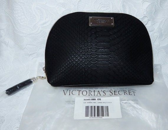 Victorias Secret Black Cosmetic bag brand new packaging faux leather gold zipper 10"W x 7" T x 3" + D