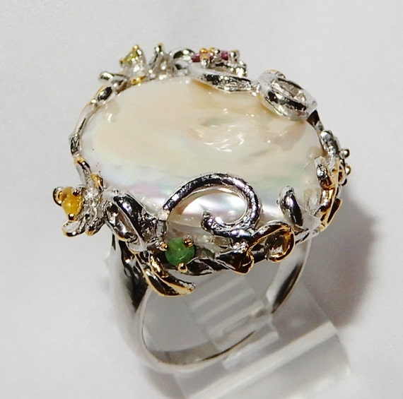 24mm Baroque White Pearl Ring SZ 8 1/4 Natural Em… - image 8