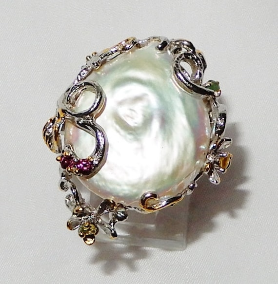 24mm Baroque White Pearl Ring SZ 8 1/4 Natural Em… - image 1