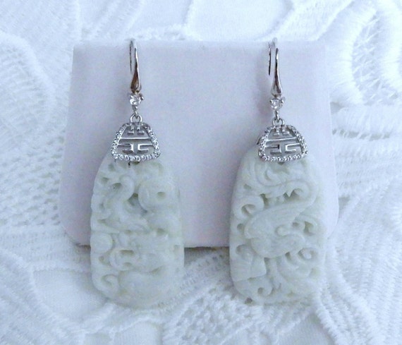 104cts Genuine China Jade Earrings, Almost White,… - image 1