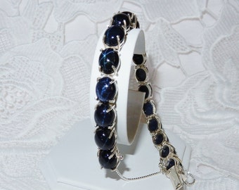 198TCW Star Sapphire Bracelet, LARGE 108cts Natural 9x11mm Deep Blue STAR Sapphire gemstones, 14kt White Gold on Silver, Safety Chain 8 1/2&quot;