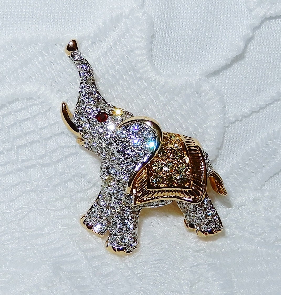 Swarovski Crystals Baby Elephant Brooch Pin Clear Red Crystals