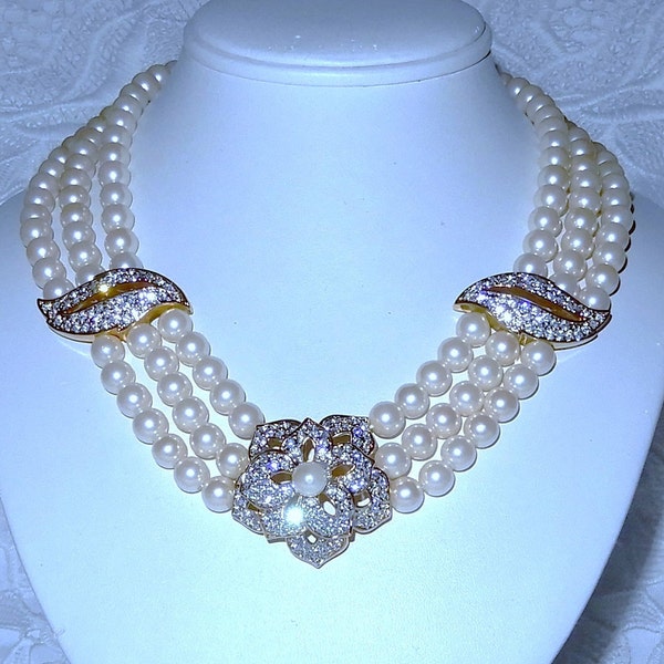 Vintage Pearl Necklace Franklin Mint Joan Collins Passion for Pearls 18" Necklace, Triple strand White Pearls, Austrian Crystals in Box, COA