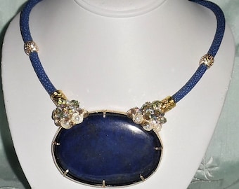 451ct Lapis Lazuli Necklace: Gold Bezel, Stingray Leather Cord