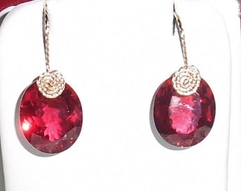 27 cts Natural Oval Madagascar Red Ruby gemstones, 14kt yellow gold Pierced Earrings