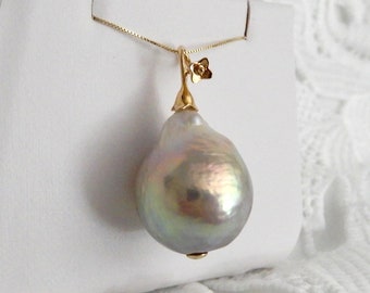 21mm CHINA Kasumi Cultured Freshwater Pearl Pendant 21 x 17mm Green, Pink Pearl, SOLID 14kt Yellow Gold Flower Branch Bail & end cap Pendant