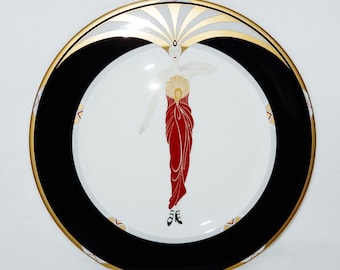 Erte LE SOLEIL Ebony Mikasa Charger Plate, Signed on back Erte&#39; A3049 / 1985 Bone China Japan LTD 12&quot; Charger Plate