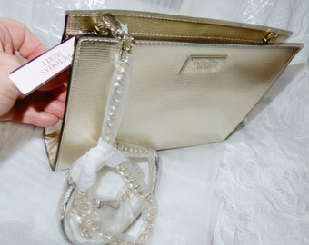 Victorias Secret Gold shoulder handbag brand new packaging faux leather gold zipper 10&quot;W x 8&quot; T x 2&quot; + D