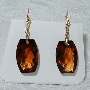 42cts Citrine Earrings, Natural Untreated Cushion CKB cut Madeira Citrine gemstones, High Quality 14kt yellow gold filled leverback earrings