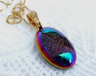 Rainbow Niobium Titanium Druzy Pendant, NATURAL Oval Niobium Agate Druzy stone, 14kt Yellow gold Vermeil Bail Pendant Necklace 1 1/2&quot; Tall