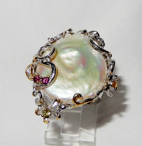 24mm Baroque White Pearl Ring SZ 8 1/4 Natural Em… - image 3
