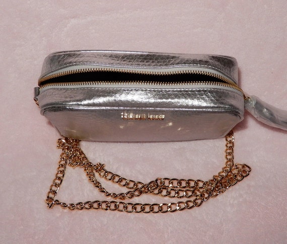 Vintage Victoria's Secret Silver Crossbody Handbag, New with Packaging, Long Gold 53 Chain, Metal Zipper Closure, 8 1/2 x 7 Faux Leather