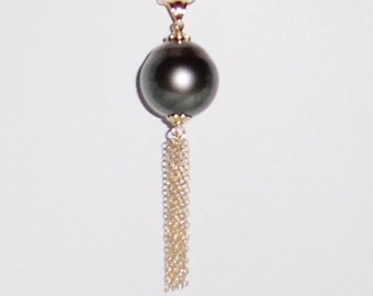 16mm Tahitian Gray Pearl Pendant Necklace Cultured Pearl SOLID 14kt Yellow Gold Tassels Bail