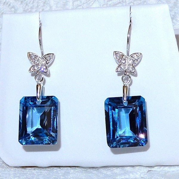 25cts London Blue Topaz Earrings Natural Emerald cut gemstones, SOLID sterling silver stamped CZ Butterfly Hooks Earrings