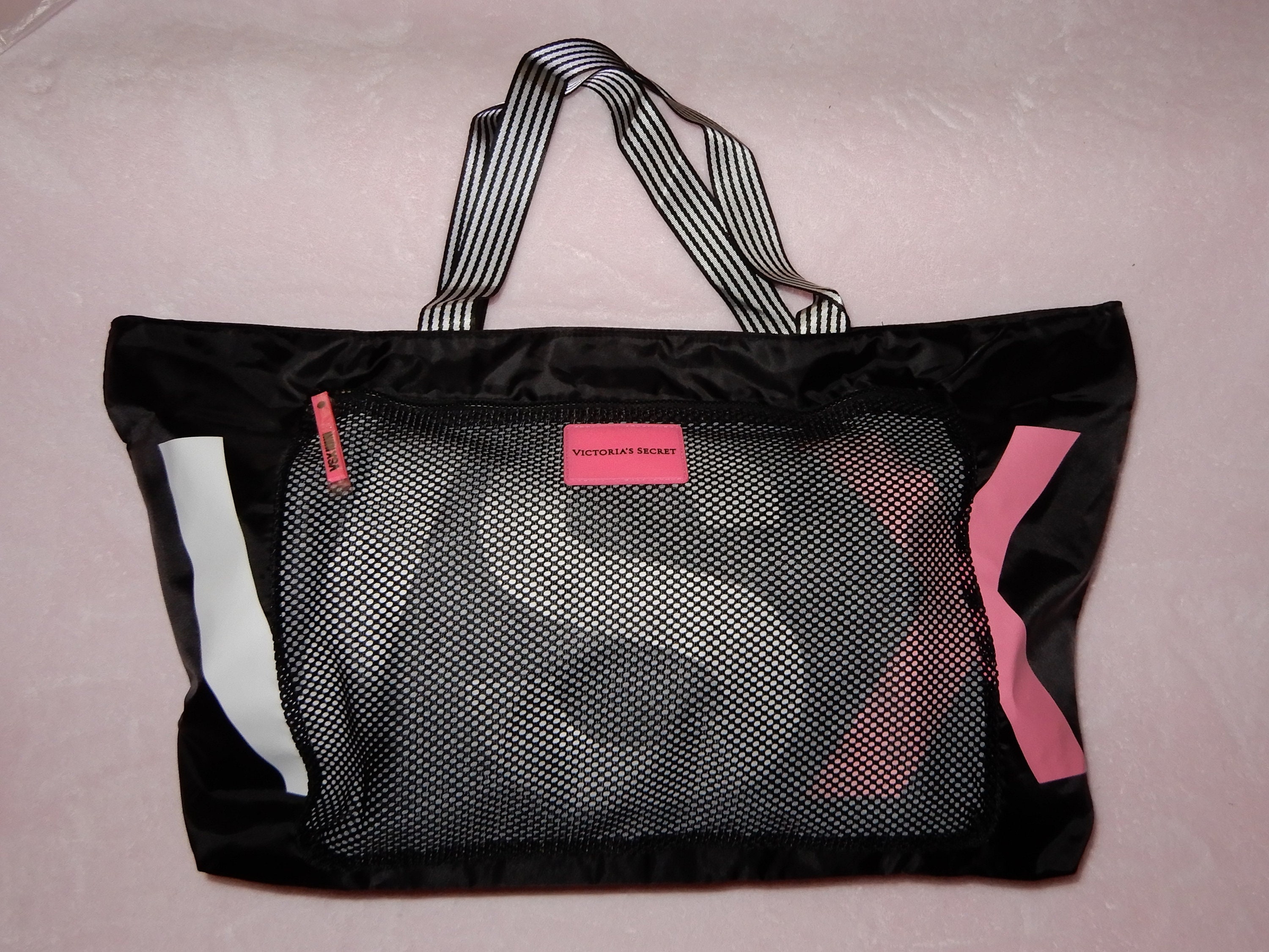VICTORIA S SECRET Brand NEW Pink Black White Tote With Zippered Closure Front Netting Zipper Pouch Double Striped Handles Beach Tote Etsy