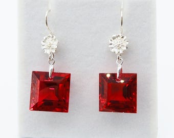Ruby Red Topaz Sterling Silver Earrings: Square Cut Gemstone
