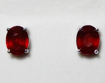 Natural 13TCW 9 x 7mm Oval Red Ruby gemstones, silver, 14kt white gold stud earrings