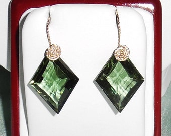 35cts Natural Fancy CKB Green Amethyst gemstones, 14kt yellow gold Pierced Earrings