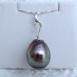 19mm Peacock Tahitian Cultured Pearl Pendant, Natural Metallic Silvery Peacock Color, SOLID 14kt White Gold Bail Pendant Necklace