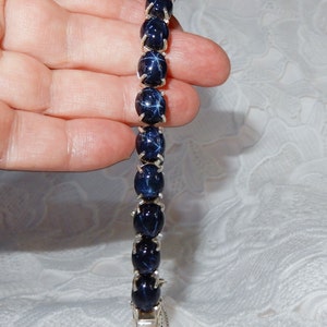 180cts Large 9 x 11mm Natural deep blue 6 Star Sapphire gemstone Bracelet, 8.5" long, Sterling Silver setting stamped