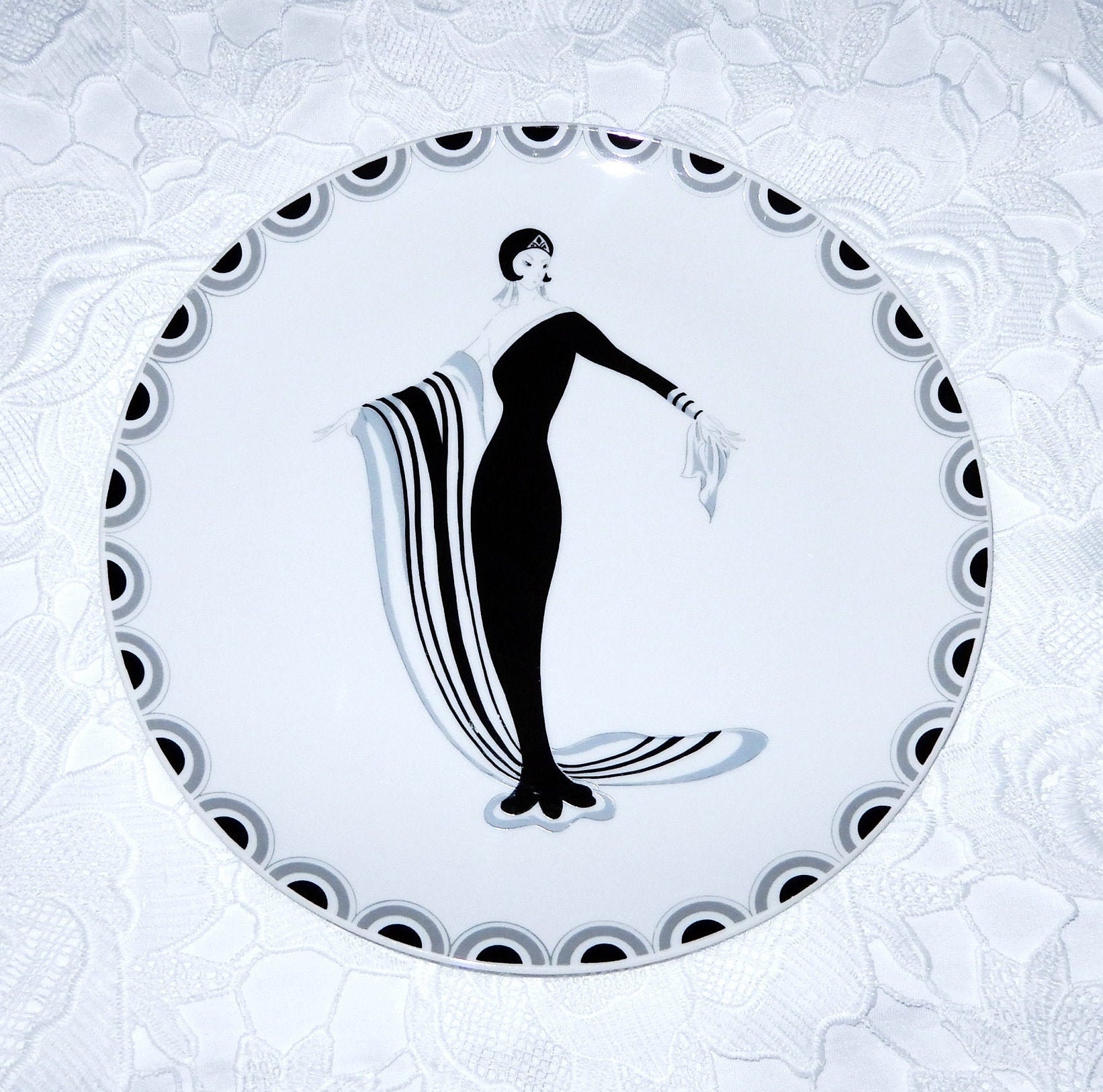 Erte High Society, Seymour Mann, Charger Plate, Vintage Erte' 1981 Black and White Fine China 10 1/2" Embossed Design Charger Plate MCMLXXXI