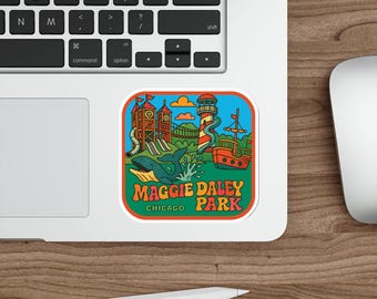Encantadoras pegatinas troqueladas del parque infantil Maggie Daley de Chicago. Divertidas calcomanías para niños, recuerdo o regalo de viaje, diario para portátil o botella de agua.