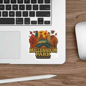 Pode incluir: Um autocolante com uma ilustração estilizada do Millennium Park em Chicago. O design inclui a escultura Cloud Gate, árvores de outono e edifícios da cidade, com o texto "MILLENNIUM PARK CHICAGO" numa fonte retro.