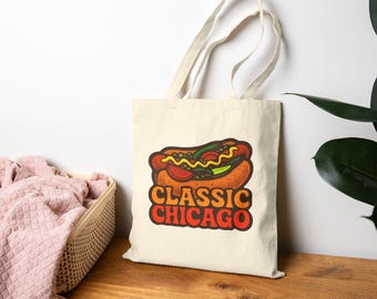 Classic Chicago Hot Dog Tote Bag - Funny and Unique Souvenir or Gift, Retro Eco-Friendly Reusable Shopping or Beach Bag, Perfect for Foodies