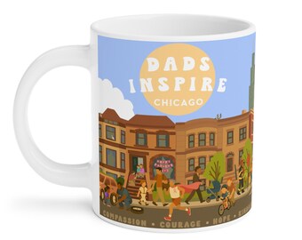 Tazza grande in ceramica con scritta "Chicago Art Dads Inspire", regalo unico per la festa del papà, tazza ispiratrice, tazza da caffè con lo skyline della città di Chicago.