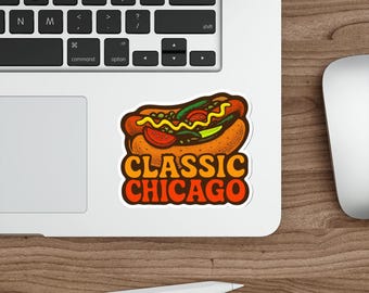 Pegatinas troqueladas clásicas de perritos calientes de Chicago: decoración divertida para portátiles, botellas de agua, diarios o el regalo retro perfecto para un amante de la comida de Chicago.