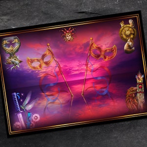 May include: A surreal artwork with a pink and purple sunset reflected in the water. Two golden masquerade masks are on poles with blue and red ribbons. Other elements include a jester, a dragonfly, a sword, a scorpion, and a fox.