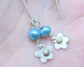 Pearl Dangle Earrings - Blue Pearl - June Birthstone - Sterling Silver Flower Earrings - Sterling Silver Pearl Earrings - Handmade Earrings