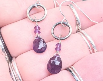 Amethyst Earrings - Amethyst Dangle Earrings - Circle Earrings - Amethyst Earrings Silver - Hammered Silver Earrings  - Birthstone Earrings