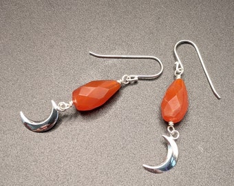 Carnelian Earrings - Carnelian Jewelry - Halloween Earrings - Carnelian Dangle Earrings - Sterling Silver Moon Earrings - Orange Gemstone